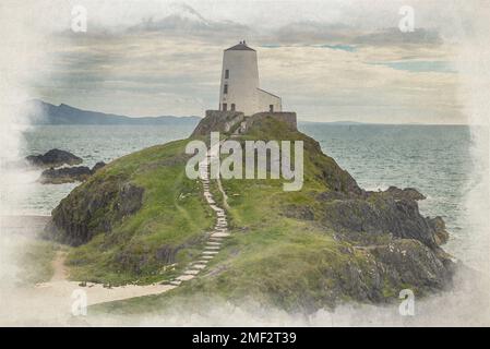 Le phare de l'île de Llanddwyn. TWR Mawr aquarelle numérique à Ynys Llanddwyn on Anglesey, pays de Galles, Royaume-Uni. Banque D'Images