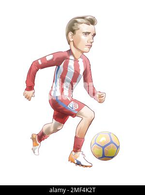 Illustration numérique du joueur de football Antoine Griezmann. Dessin animé. Avec le maillot du club dans lequel joue la ligue espagnole. Banque D'Images
