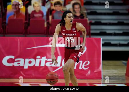 Nebraska guard Dalano Banton works the floor against Maryland during the  first half of an NCAA college basketball game, Tuesday, Feb. 16, 2021, in  College Park, Md. (AP Photo/Julio Cortez Stock Photo 