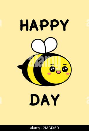 Carte de vœux Happy Bee Day. Mignon abeille drôle avec texte. Joyeux anniversaire voeux. Abeille gaie souriante. Imprimer l'élément de conception. Joyeux anniversaire. Illustration de Vecteur
