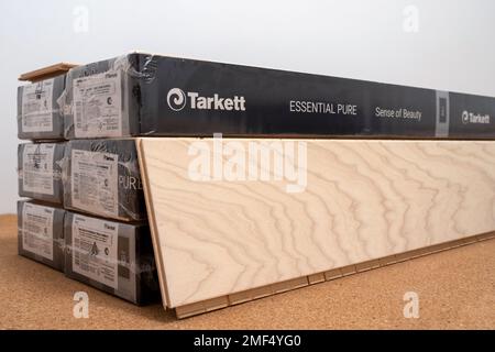 Panneau en frêne à côté des nouveaux packs de parquet Tarkett. Banque D'Images