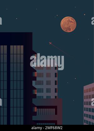 Illustration des bâtiments du centre-ville. Vue sur les toits et les fenêtres. Paysage de la ville de nuit et de la lune. Bâtiments modernes, architecture. Illustration de Vecteur