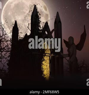 Ange de la mort devant un mausolée - arrière-plan nocturne craquant avec la pleine lune - rendu 3D Banque D'Images