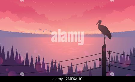 Silhouette d'oiseau sur des fils sur un fond de lac du soir. Stork assis sur des fils sur le fond du coucher du soleil et du lac. Paysage sauvage. Illustration de Vecteur