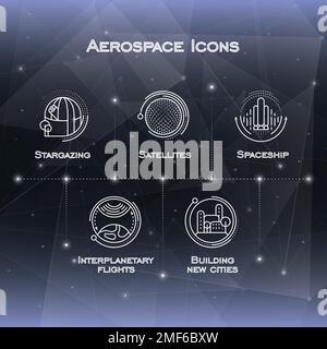 Ensemble d'icônes vectorielles de la technologie spatiale pour la conception de sites Web isolées sur fond noir du ciel et des étoiles. Illustration de Vecteur