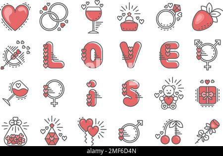 Icônes d'amour définies. La collection de symboles noir et rouge pour les mariages, les fiançailles, les anniversaires et bien plus encore. Illustration de Vecteur