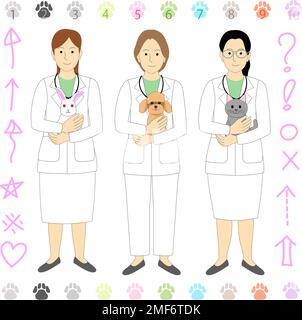 Femmes médecins, vétérinaires tenant un animal, fond blanc, icônes Banque D'Images