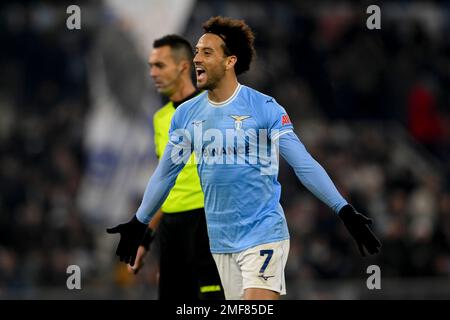 Rome, Italie. 24th janvier 2023. Felipe Anderson de Lazio célèbre son but lors d'un match de football de série A entre Lazio et l'AC Milan à Rome, Italie, le 24 janvier 2023. Credit: Augusto Casasoli/Xinhua/Alamy Live News Banque D'Images