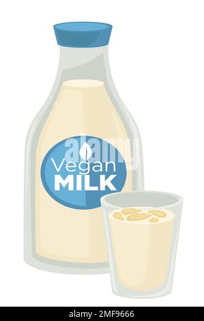 Lait végétalien produit laitier végétarien en bouteille et en tasse Illustration de Vecteur