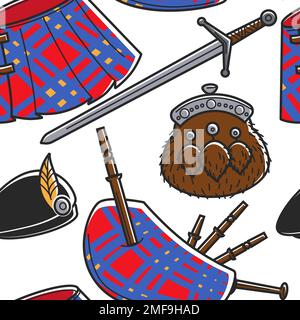 Tenue nationale écossaise avec éléments à motif sans couture, voyage en Écosse Illustration de Vecteur