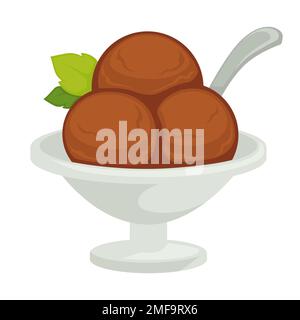 Boules de glace au chocolat dans un bol avec une cuillère et de la menthe Illustration de Vecteur