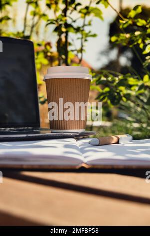 Emportez le café dans une tasse de papier de recyclage artisanale avec un carnet en papier et un ordinateur portable. Lieu de travail de freelance. Étudier et travailler en ligne. Enseignement à distance. Regardez le webinaire. Poste de travail d'apprentissage en ligne sur banc en bois. Pause café Mockup. Faire des plans pour la semaine prochaine année. Être attentif à réduire le stress et le ralentissement Banque D'Images