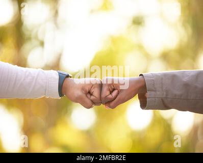 Le poing bosse dans la nature, le gros plan et les amis montrent le soutien, la solidarité ou le partenariat pour la victoire, gagner ensemble ou l'engagement. Personnes, à l'extérieur ou à la main Banque D'Images