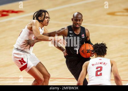 Nebraska guard Dalano Banton works the floor against Maryland during the  first half of an NCAA college basketball game, Tuesday, Feb. 16, 2021, in  College Park, Md. (AP Photo/Julio Cortez Stock Photo 