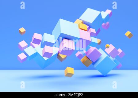 Gros plan 3D illustration bleue et rose. Différents vol de cube Banque D'Images