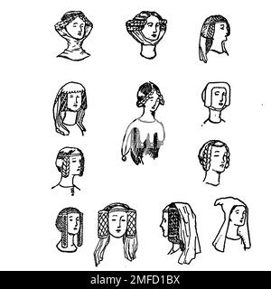 Dessin en ligne des adresses féminines du 14th siècle tiré du livre 'French Costume' de Dion Clayton Malthrop, 1878-1937 Date de publication 1907 Éditeur London, A. & C. Black Banque D'Images