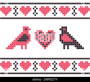 Dragobete, tradition roumaine de la Saint-Valentin. Motif point de croix avec couple coeurs et oiseaux. Illustration vectorielle. Illustration de Vecteur