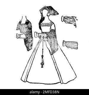 Dessin de ligne de la robe de femme pendant le règne d'Henry VIII du livre ' costume anglais ' par Dion Clayton Malthrop, 1878-1937 Date de publication 1907 Éditeur Londres, A. & C. Black Banque D'Images