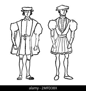 Dessin de ligne du costume masculin sous le règne d'Henry VIII tiré du livre « French Costume » de Dion Clayton Malthrop, 1878-1937 Date de publication 1907 Éditeur London, A. & C. Black Banque D'Images