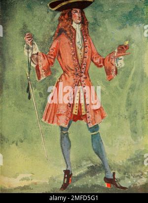 Un homme de l'époque de la reine Anne (1702—1714) le manteau est devenu encore plus plein sur les côtés. Le chapeau a une visière plus généreuse. Talons rouges à la mode du livre « English Costume » de Dion Clayton Malthrop, 1878-1937 Date de publication 1907 Éditeur London, A. & C. Black Banque D'Images
