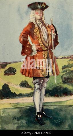 Un homme du temps de George I (1714— 1727) les boucles des chaussures sont maintenant beaucoup plus grandes ; les bas sont lâchement roulés au-dessus du genou. La grande periwig sort, et la perruque en boucle et courbée, très blanche avec de la poudre, est à la mode du livre ' costume anglais ' de Dion Clayton Malthrop, 1878-1937 Date de publication 1907 Éditeur London, A. & C. Black Banque D'Images