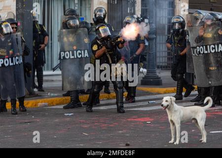 Lima, Pérou. 24th janvier 2023. La police tire des gaz lacrymogènes sur les manifestants. Des milliers de personnes manifestent contre le gouvernement du président péruvien Boluarte. Les manifestants ont exigé des élections générales, le retrait du président Boluarte et la justice pour les manifestants tués lors d'affrontements avec la police lors de la récente crise politique. Credit: Lucas Aguayo Araos/dpa/Alay Live News Banque D'Images