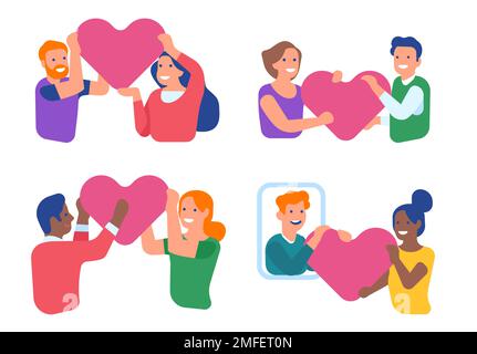 Les jeunes dans l'amour donnant des coeurs comme signe d'amour. Couples heureux. Petite amie et petit ami portant des symboles romantiques. Appel sur smartphone. Hommes et femmes Illustration de Vecteur