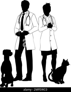 Homme et femme vétérinaires chien et chat animaux Silhouette Illustration de Vecteur