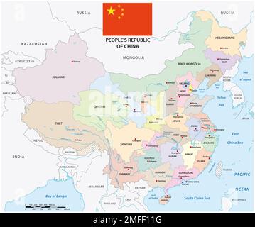 Carte couleur des divisions administratives de la Chine avec drapeau Banque D'Images