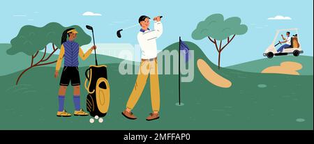 Joueur de golf sur un terrain de verdure. Activités de plein air. Sport de luxe. Golfeur avec club et ballon. Préparation du choc. Passe-temps sportif. Homme et femme Illustration de Vecteur