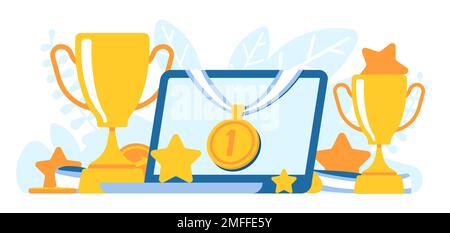 Prix et gagnants. Médailles pour la première place. Ordinateur portable avec coupe et autres trophées gagnants. Victoire de la concurrence. Récompense de réalisation. Étoiles et doré Illustration de Vecteur