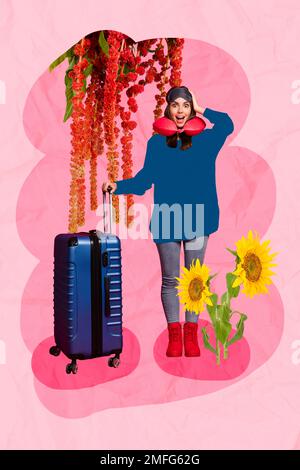 Montage vertical image de fille positive impressionnée tenir la valise fleurs fraîches tournesol isolé sur fond peint Banque D'Images