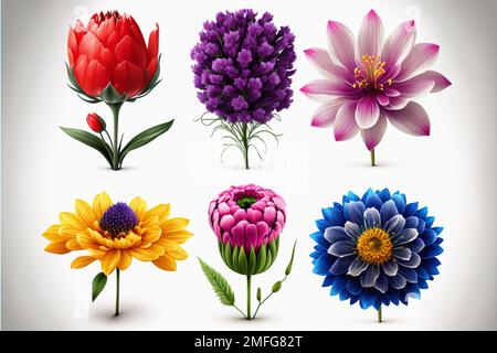 Fleurs et feuilles ensemble coloré d'éléments isolés illustration. Pivoine, magnolia, coquelicot éléments floraux avec feuilles exotiques millésime. Couleur blanche Banque D'Images