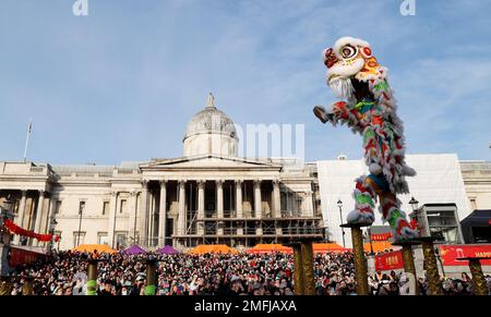 Pékin, Grande-Bretagne. 22nd janvier 2023. La danse au lion est jouée lors de la célébration du nouvel an chinois à Trafalgar Square à Londres, en Grande-Bretagne, le 22 janvier 2023. Crédit : Li Ying/Xinhua/Alay Live News Banque D'Images