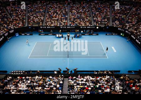 Melbourne, Australie. 25th janvier 2023. Une vue de Rod laver Arena lors d'un match de quarts de finale masculin entre 4th semences NOVAK DJOKOVIC de Serbie et 5th semences ANDREY RUBLEV de la Fédération de Russie le 10 jour de l'Open d'Australie de 2023 à Melbourne, en Australie. Sydney Low/Cal Sport Media/Alamy Live News Banque D'Images