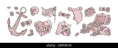 Ensemble de caniches pirate. Croquis de coffre avec pièces de monnaie, crâne, drapeau et autres effets de pirate. Illustration vectorielle isolée sur fond blanc Illustration de Vecteur