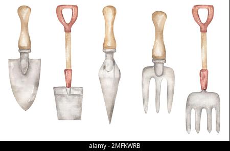 Set de falaises de jardinage dessinées à la main aquarelle, Garden Scene Creator, outils clip art, illustration de râteau, pelles,Fourche, éléments rustiques de ferme, Banque D'Images