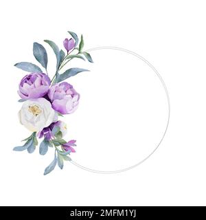 Couronne fleurie aquarelle avec pivoines. Fleurs isolées sur fond blanc. Idéal pour les cartes de vœux. Banque D'Images