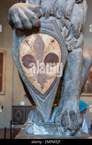 Détail de bouclier tenu par un lion dans une sculpture ancienne en pierre Banque D'Images