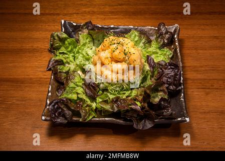 La friture japonaise typique, en particulier pour les fruits de mer et les légumes, qui a été développée par les Portugais au 16th siècle. Chaque morceau de nourriture mus Banque D'Images