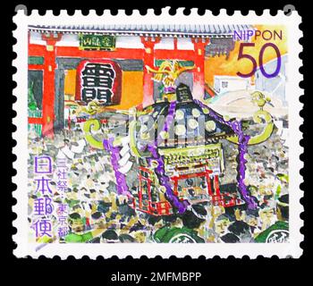 MOSCOU, RUSSIE - 25 DÉCEMBRE 2022 : timbre-poste imprimé au Japon montre le Festival de Sanja, district d'Asakusa, timbres de la préfecture - série de Tokyo, vers 2000 Banque D'Images