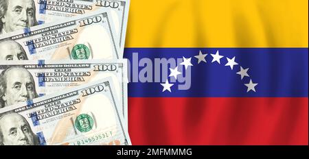 Dollars sur le drapeau du Venezuela, finance vénézuélienne, subventions, soutien social, concept de PIB Banque D'Images