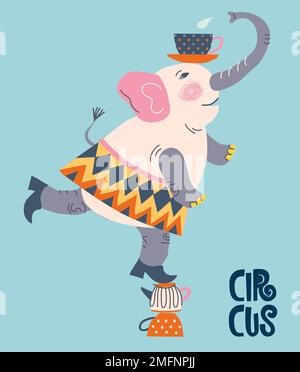 affiche pour un café où un éléphant équilibre sur des tasses dans un cirque Illustration de Vecteur