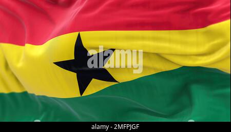 Vue rapprochée du drapeau national du Ghana. Rouge, jaune, bandes vertes, étoile noire au centre. Symbolise l'unité panafricaine. Tissu ondulé. Texturé Banque D'Images