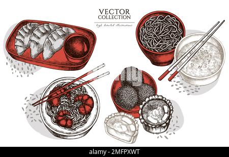 Collection d'illustrations asiatiques d'époque. Logos dessinés à la main avec jiaozi, jian dui, tarte aux œufs, nouilles aux crevettes, soupe aux œufs, bol à nouilles. Illustration de Vecteur
