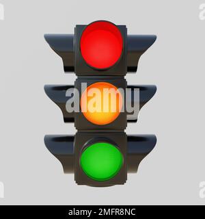 Feu rouge, orange jaune, vert découpe isolée sur fond gris. Les trois couleurs sur sémaphore, signal pour conducteur, sécurité sur route. 3d rendu Banque D'Images