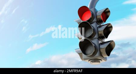 Concept de feu rouge de circulation. Feu d'arrêt sémaphore, signal d'arrêt rouge suspendu sur fond ciel nuageux. Avertissement de danger pour le conducteur. Espace pour le texte. 3d rendu Banque D'Images