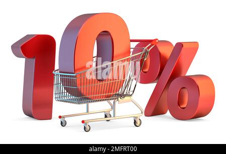 Chariot avec panneau de réduction de 10 %. 3D illustration. Isolé Banque D'Images