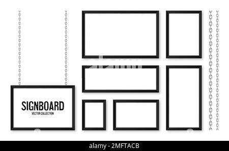 Enseignes noires accrochées à une chaîne métallique. Menu du restaurant. Maquette d'affiche moderne. Photo ou cadre photo vierge. Publicité ou présentation Illustration de Vecteur