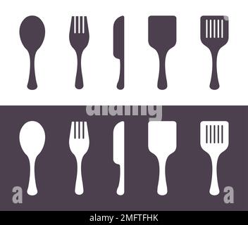 Couteau à cuillère à fourchette cuisine Ménagère ustensiles Silhouette Vector Icon Set Illustration de Vecteur